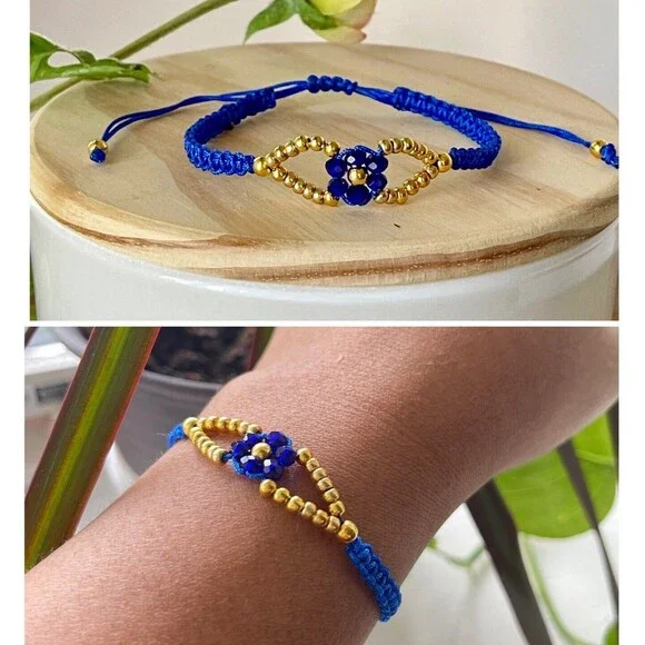 Handmade Blue Macrame Bracelet Gold Beads Flower Adjustable Boho Jewelry Gift - Picture 3 of 12